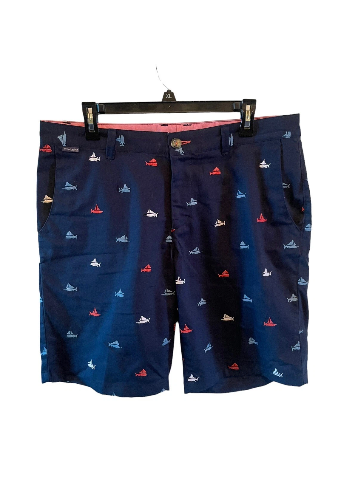 Columbia Mens Shorts 34 Navy All Over Fish Boat Embroidered PFG Casual Chino 10”