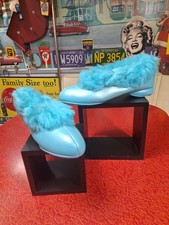 True VTG DEADSTOCK Mid-century 1960s Turquoise Faux Fur Slippers Shoes 8 MCM 50s