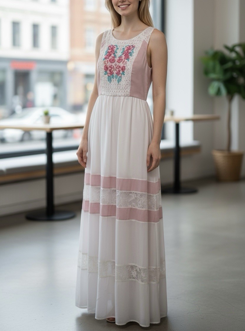 Champagne & Strawberry embroidered lace, pink & cream, maxi dress size large