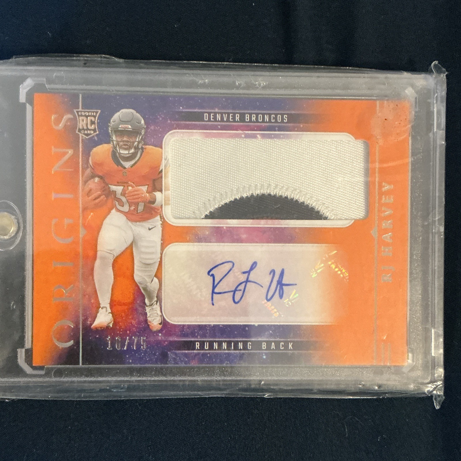 Panini Origins 2025 RJ Harvey Broncos RJJ-20 Rookie Jumbo Patch Auto Orange /75