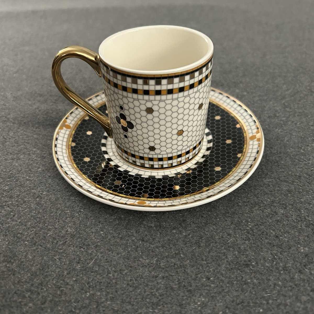 Anthropologie Bistro Tile Black Cats Espresso Cup Saucer Set NEW