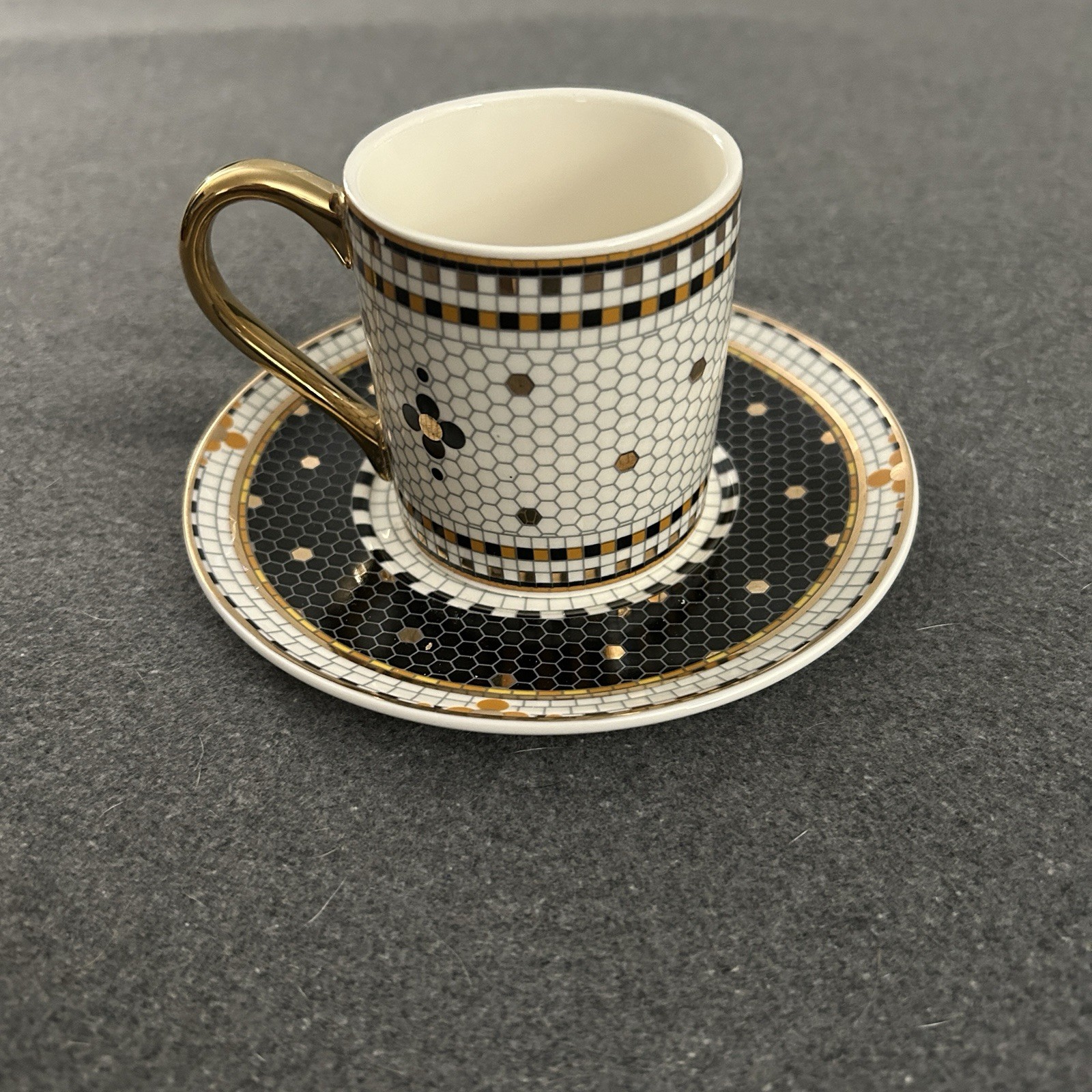 Anthropologie Bistro Tile Black Cats Espresso Cup Saucer Set NEW Halloween 5 oz