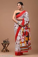 Women Mul Cotton Red Saree With Blouse For Women Indian Ethnic Sari Draper