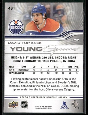 2025-26 Upper Deck David Tomasek Young Guns RC #481 Edmonton