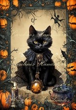 Fancy Black Cat Halloween Designer Cotton Fabric Quilt Block Multi-size