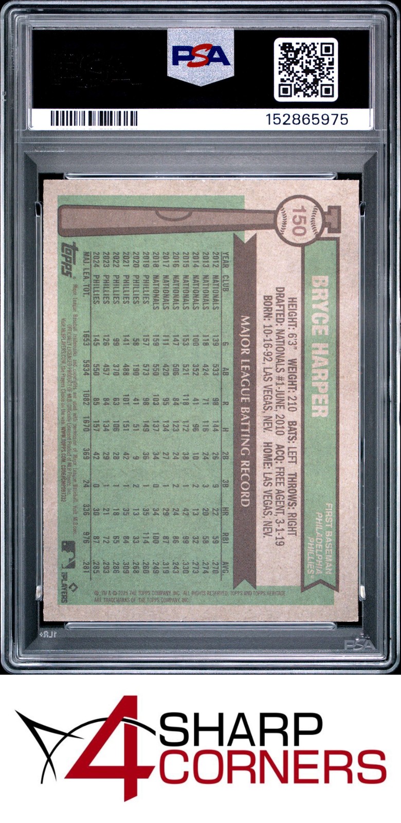 2025 TOPPS HERITAGE #150 BRYCE HARPER PSA 10 view 2