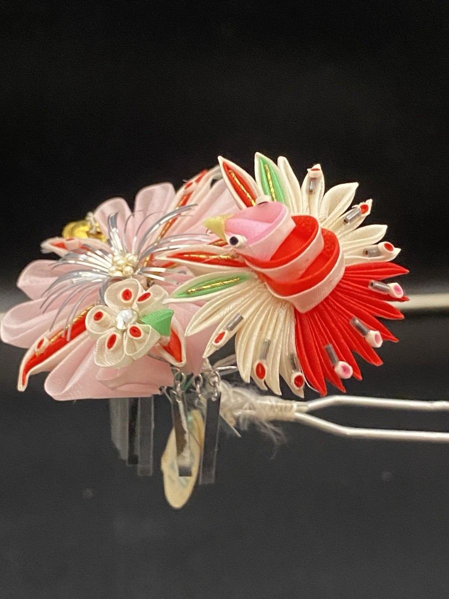 Vtg Set 2 Japanese Bira-Bira Kanzashi Silk Flowers Kimono Hairpin