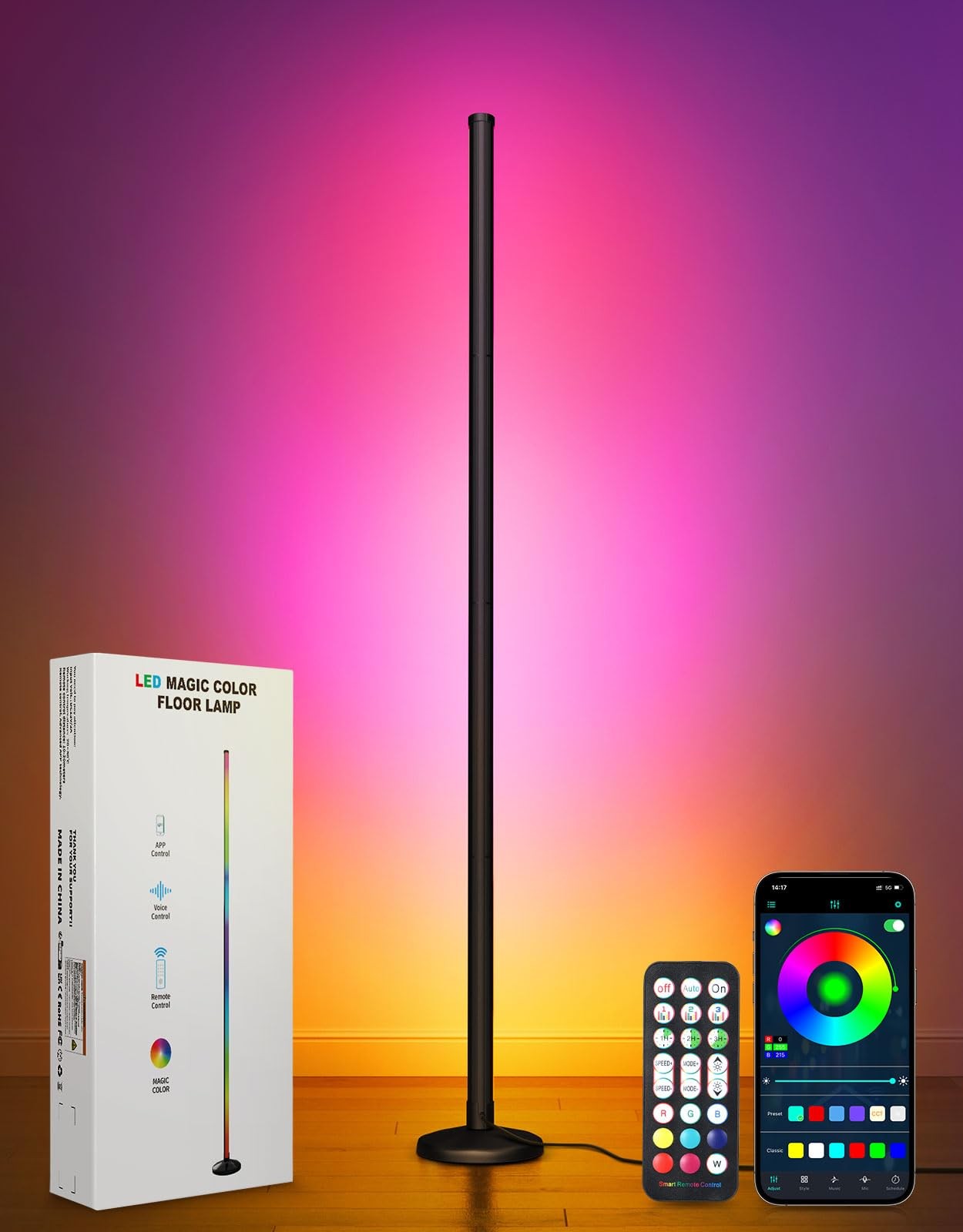 OUTON Lampada da Terra LED, RGBCW Dimmerabile Piantana con Telecomando | Control