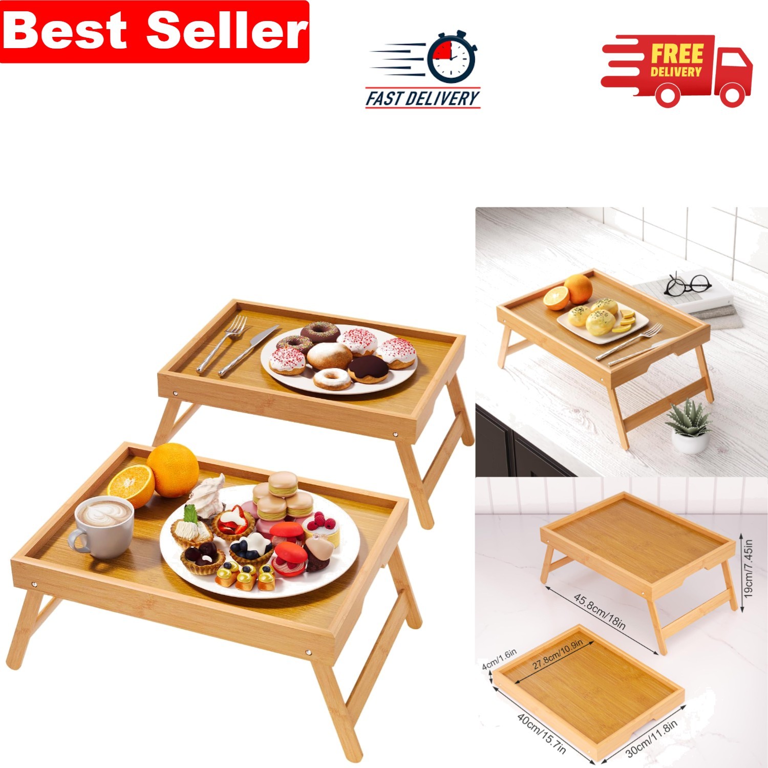 Spacious Bamboo Bed Trays with Guardrail - Perfect for Breakfast & Snacks