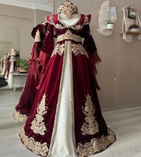 Burgundy Velvet Caftan Moroccan Prom Dress Long Sleeve Beaded Lace Evening Gown