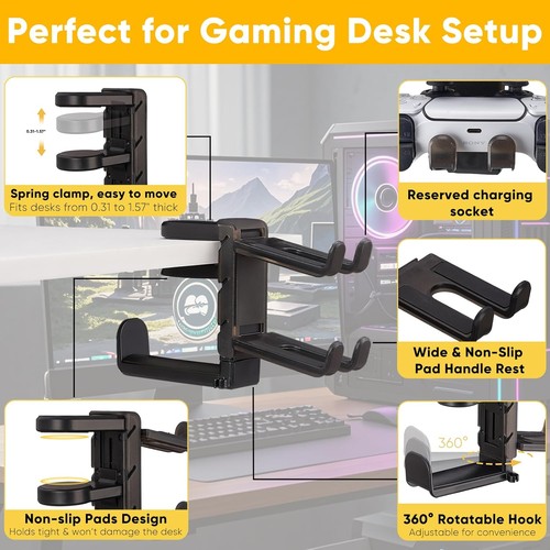 3-in-1 PC Gaming Headphone Headset Earphone Stand Hook Hanger Holder Under Desk - Picture 4 of 7