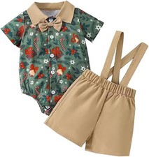 Christmas Print Baby Boy Bodysuit with Suspender Shorts Sizes 3-24 Months