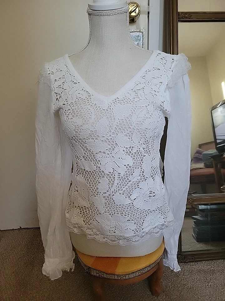 D&G Dolce & Gabbana 女式棉质蕾丝装饰透明袖衬衫白色大号