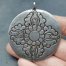 Tibetan Iron Thokcha Double Sided Mandala Vajra Lotus Protective Amulet Pendant