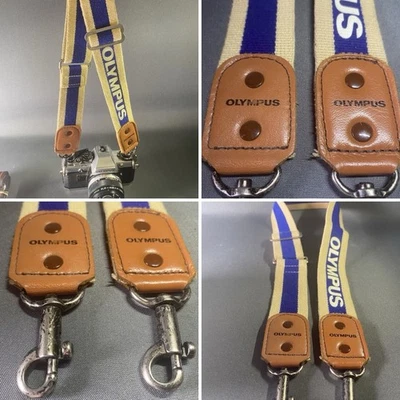 Vintage Olympus OM Camera Neck Strap Blue Cream Brown Leather Ends Metal Clips - Image 1 of 4