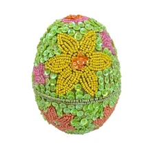 Godiva Easter Egg Beaded Sequin Hinged Trinket Box Pastel Floral 5" Lined
