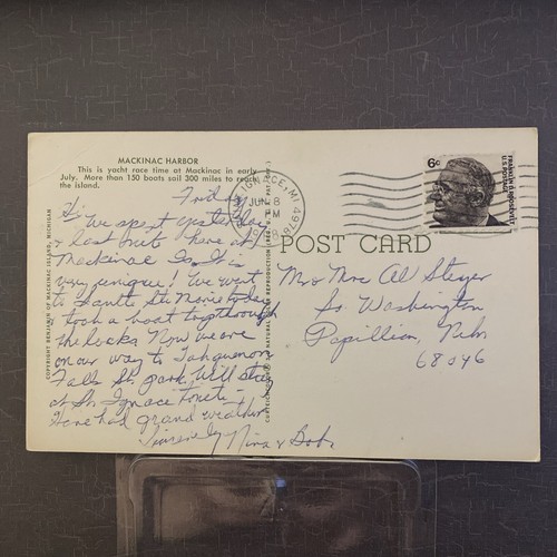 frühe Mackinac Hafen Fähre Boot Schiff Michigan MI Chrom Postkarte 1988 Stempel - Bild 5 von 7