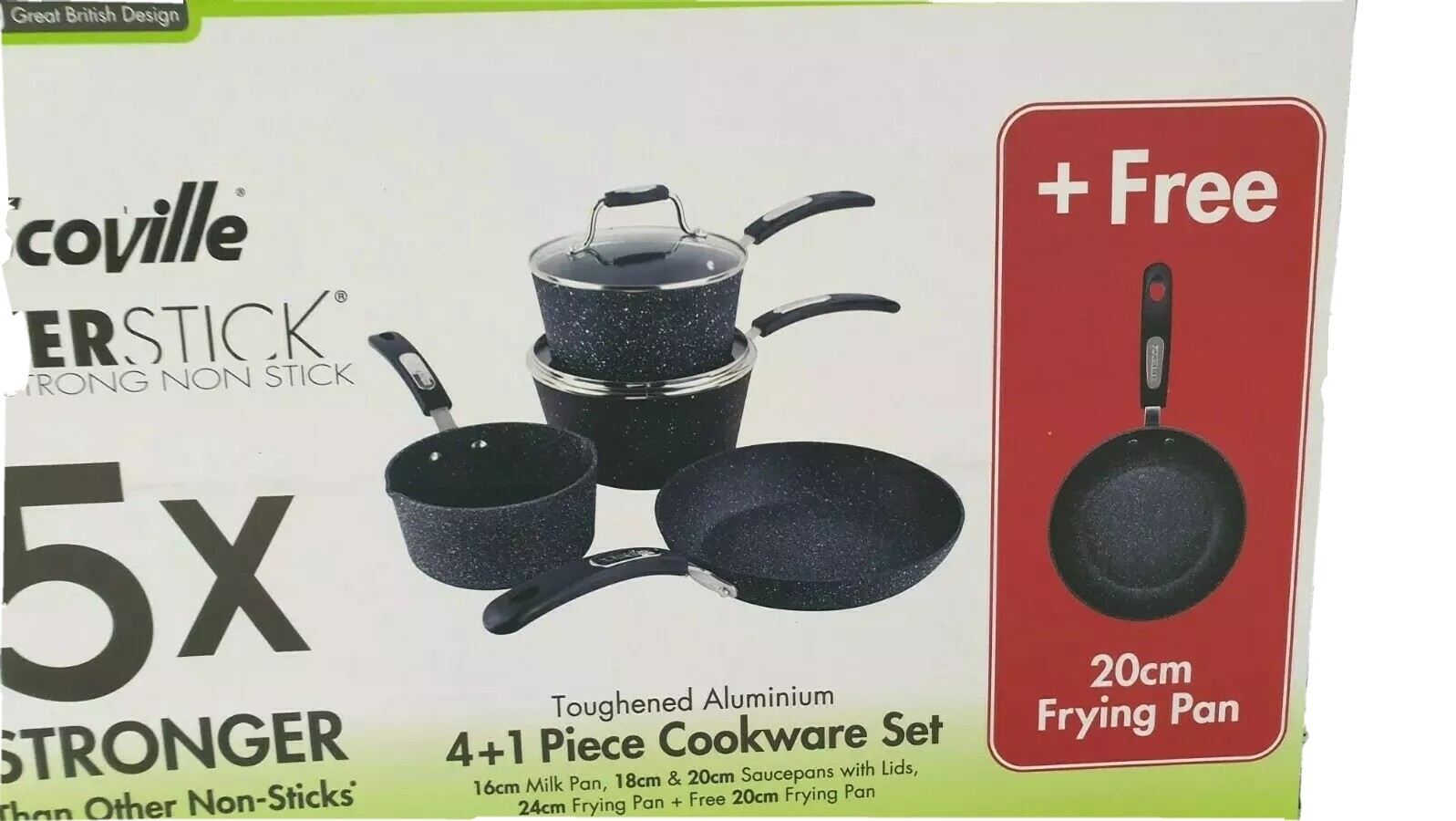 Scoville Neverstick Cookware Set 5 Piece 3 sauce pans 2 fry pans and 2