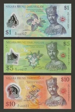 BRUNEI 1 5 10 Ringgit 2019 2011 2013, P-35d, 36, 37b, Set of UNC Polymer Notes