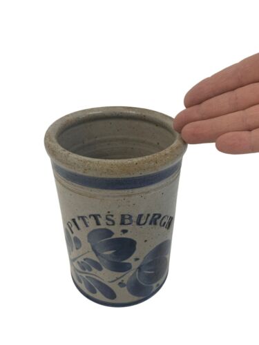 Stoneware Crock Blue Leaf Pittsburgh Spelled Out 6" High 4.5" Dia VTG Pottery - Picture 3 of 6
