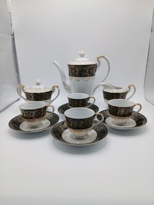 Schönes markenloses Porzellan Schwarz & Gold Kaffeeservice für 4