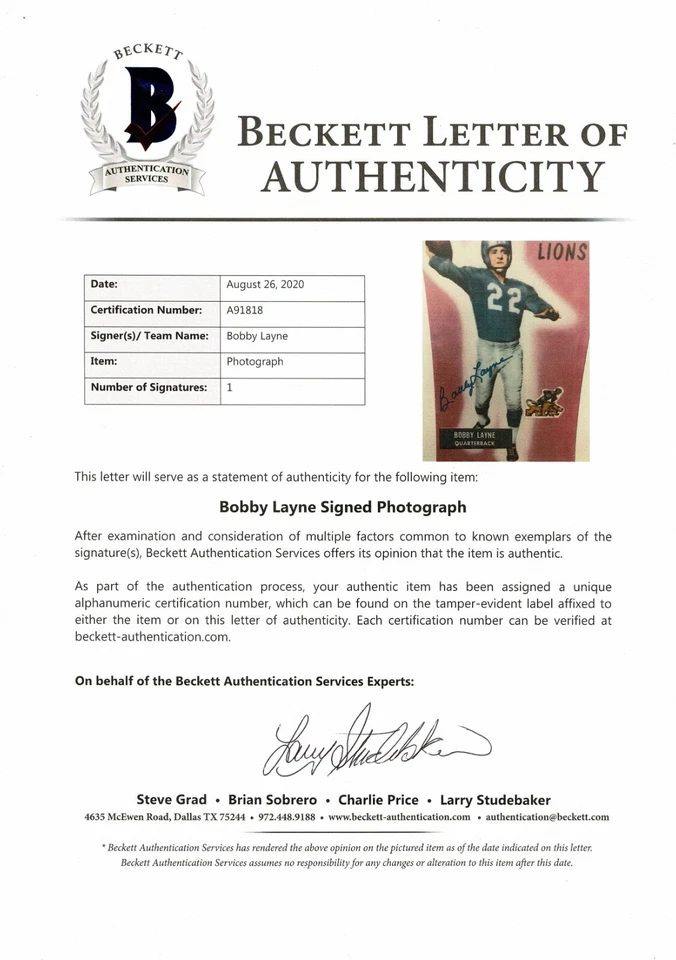 Foto de fútbol americano firmada por Detroit Lions, Bobby Layne con autenticación Beckett Foto 2 de 3
