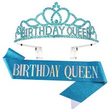 Blue Birthday Crowns for Women Birthday Queen Sash and Tiara for Women Blue B...