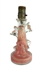1930s Art Deco Clear Glass Boudoir Lamp Base Molded Floral Painted Pink Inside