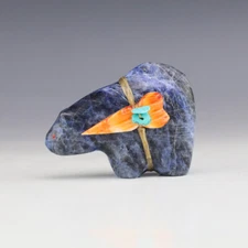 NATIVE AMERICAN ZUNI SODALITE MOUNTAIN LION FETISH BY LELAND BOONE & DAPHNE QUAM