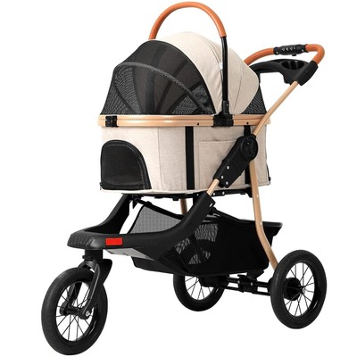 Pet Stroller, Premium 3-in-1 Large Dog Stroller with Detachable Carrier (Khaki)