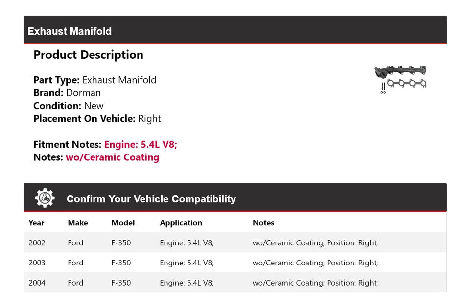 Colector de escape derecho Dorman 2003 para Ford F-350 2002-2004 5,4 L V8 Foto 2 de 4