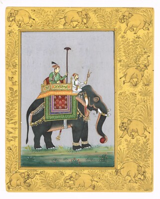 Indianer Miniatur Malerei Of Mughal Kaiser Akbar Reiten Auf Elefant 17.8x22.9cm