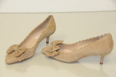 Escarpins Oscar De La Renta En Daim Beige Avec Nœud Festonné - Pointure 36.5 - Talon Aiguille - Neuf