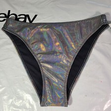 No Boundaries Bikini Bottom Cheeky Women's Sz L Iridescent Silver Shiny HIgh Hip