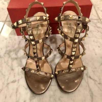 Authentique valentino Rockstud Sandales Sangle Cheville Marron Or Taille Eur 36 - Photo 1/4