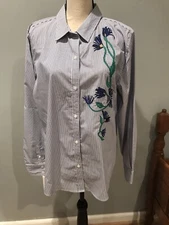 Liz Claiborne Career Blue/White Striped Button Front Blouse Size XL NWOT