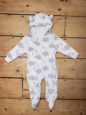 Pure Soft White Grey Fleece Bodysuit Hoody Baby Grow Snow Suit Unisex 3-6  UK