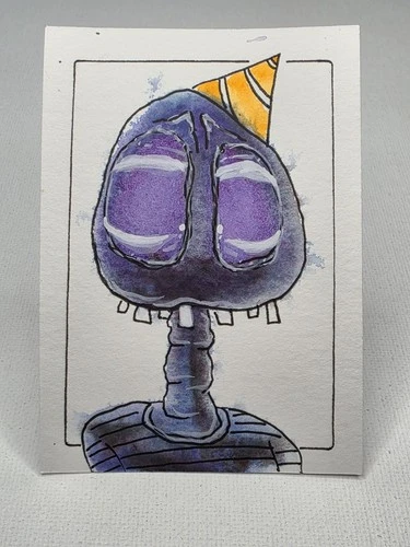 ACEO Art Card Original Hand-painted, Alien Portrait, Monster, Birthday Party Hat