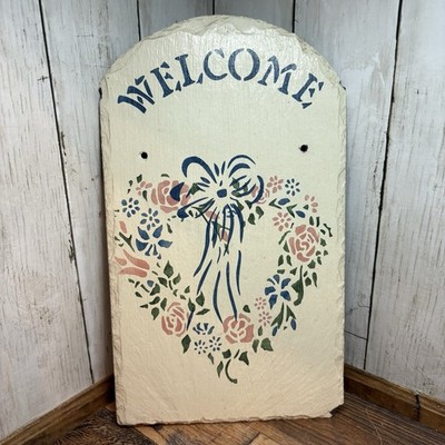 Vintage Cottage Country Floral Bow Heart Hand Painted Slate Welcome Sign