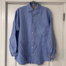 Paul Stuart Cooper Linen Dress Shirt Men&rsquo;s S (15-31.5) Blue Checked Italy Luxury