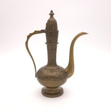 Indian brass ewer Vintage Indian Etched Brass Aftaba Ewer Pitcher with Hinged Lid — listing 5