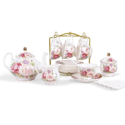 15-teiliges Keramik Vintage Teeservice, Elfenbein Porzellan Afternoon Tea Set, Rosa