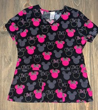 Disney Mickey and Minnie Mouse Scrub Top Shirt Small Black and Pink Cotton