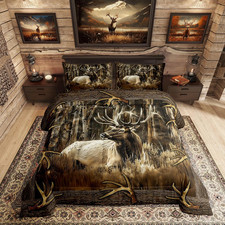 Rustic Deer Comforter Set for Cabin Lodge Vintage Elk Moose Antlers Bedding Set