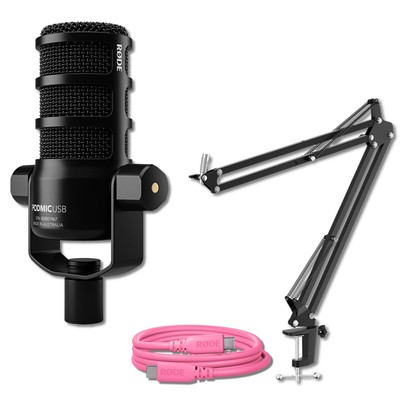 Rode PodMic USB Black Microphone with SC27 Pink USB-C Cable and Boom Arm