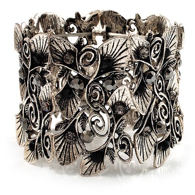Breites Vintage Kristall Floral Flex Armband (brennt silberfarben)