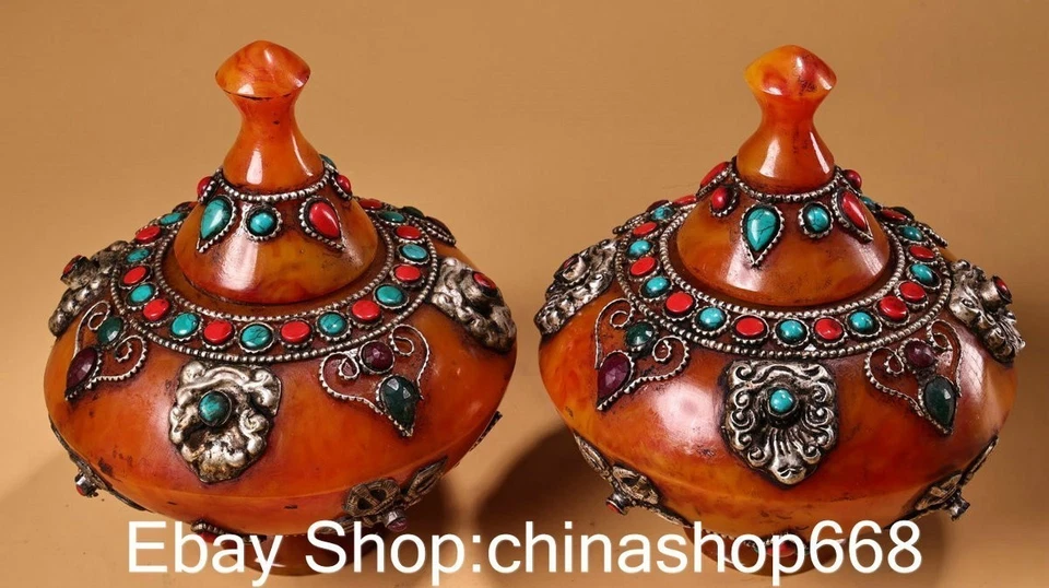 5.2英寸旧藏琥珀银佛教花朵八宝罐一对 — 第 3/4 张图片