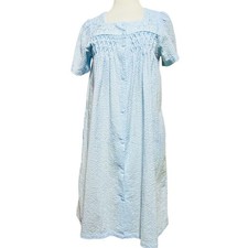 Miss Elaine Nightgown Small Blue Seersucker Snap Front Floral Embroidered Smocke