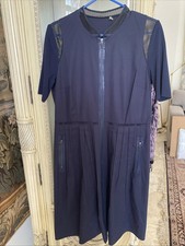 Elie Tahari Dress Womens 12 Navy Fit & Flare Zip Front Round Neck Short Sleeve
