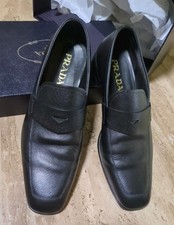 PRADA 2DC127 BLACK SAFFIANO LEATHER LETTERING LOGO PENNY LOAFERS 7.5